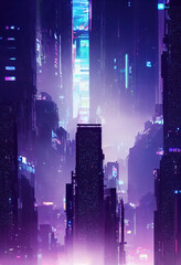 Illustration of a Dystopian futuristic neon megacity, a dark cityscape with giga skyscrapers and neon billboards., Generative AI