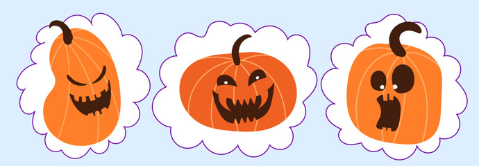 Set of orange pumpkins. Jack-o-Lantern. Emotional face expression. Carved scary pumpkins. Elements for autumn Halloween holiday celebration and decor. Cartoon vector illustration.
