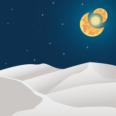 white desert at night with fantasy stars and moons