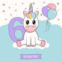 Unicorn birthday invitation 6 years old. vector illustration