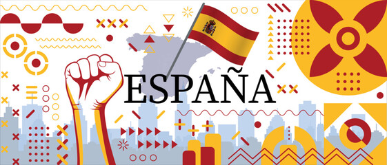 Spain flag and map poster. National day or spain independence day design. spanish celebration. Modern retro design with abstract icons - Independence from Spain - obrazy, fototapety, plakaty