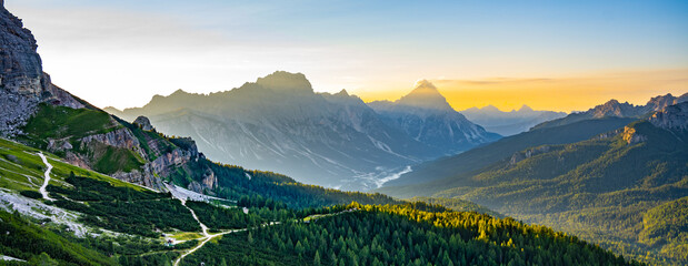 Dolomites panoramic view at morning sunrise time