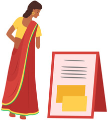 Indian girl in ethnic traditional costume, sari stands and reads ad. Asian pretty woman reading announcement back view in full growth isolated on white. Female character buyer in street bazaar