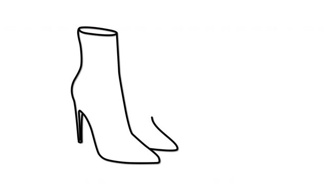 Shoes, high heels, stylish footwear, boots outline self drawing animation. Black on white background.