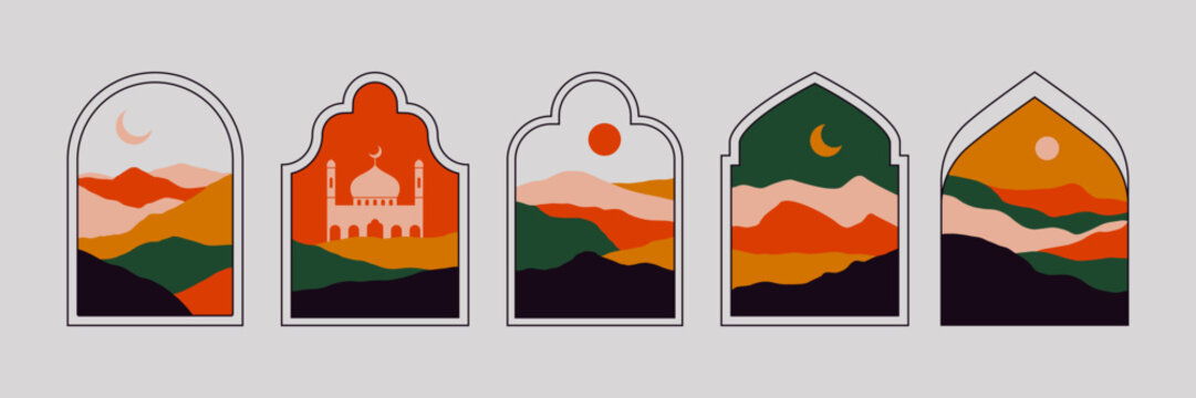 Minimal oriental windows and arches. Islam mosque arabian landscape abstract modern boho design. Vector isolated set