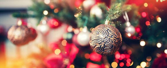 Banner dark red decorated christmas tree pine on blurred background bokeh sun light