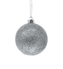 Hanging silver glitter Christmas bauble isolated on transparent background.