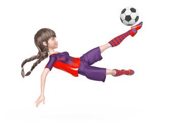 soccer girl is doing acrobatics to kick the ball in white background