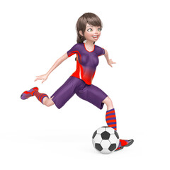 soccer girl is happy and also playing football in white background