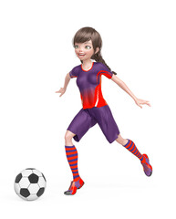 soccer girl is happy and also running with the ball in white background