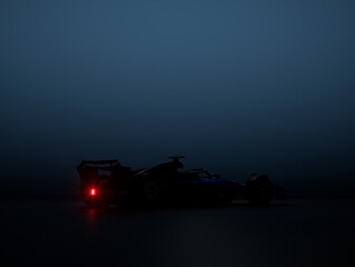 Fototapeta na wymiar Silhouette of a modern generic sports racing car standing in a dark garage. 3d rendering