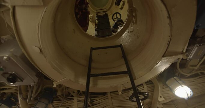 Round bulkhead door in submarine. access to the surface and to the observation deck