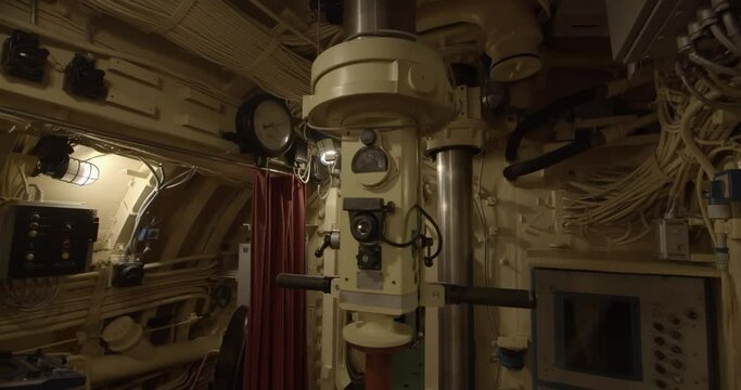 Submarine periscope. Interior of combat submarine compartment with devices of control