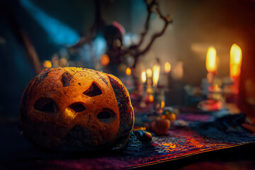Dark mystical ambiance with textured Halloween pumpkin, glowing eyes,  illuminated carvings. Perfect for spooky themes, capturing the eerie spirit of the season.    generative ai