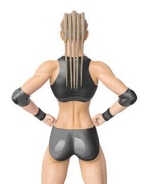 wrestling girl is doing a power pose on rear view