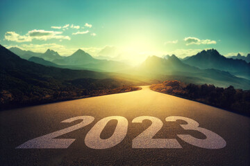 New year 2023, Concept photo written on the road in the middle of asphalt road at morning, A conceptual photo of the path leading to a bright future, 3d illustration.