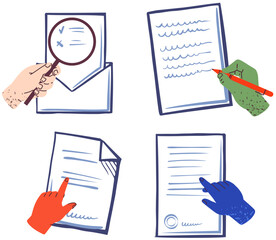 Human hand points to paper sheet with data. Person showing document with writing. Working with information. Piece of paper, document, information sheet, contract isolated on white background