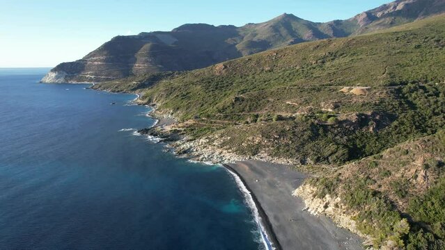 vol au dessus de la plage noire de Nonza au coucher du soleil - Cap Corse