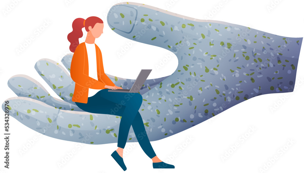 Poster woman working with laptop computer sitting on human hand. software developer programmer or system ad