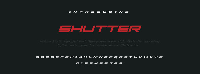 SHUTTER Luxury Minimal Modern Tech Alphabet Letter Fonts. Typography minimal style font set for logo, Poster. vector san sans serif typeface illustration.