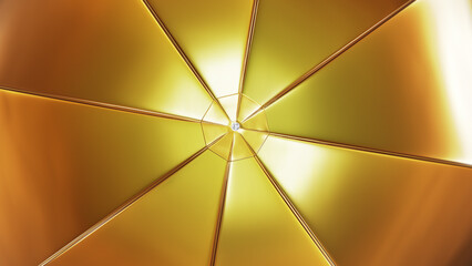 Realistic 3D illustration of the glossy golden metallic fabric umbrella or parasol rendered as background