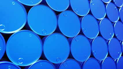 Realistic DOF camera 3D illustration of the blue petrol drums staked at warehouse - obrazy, fototapety, plakaty