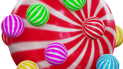 Realistic 3D illustration of the red and white striped candy sphere with orbital rolling small colorful candies as satellites against white