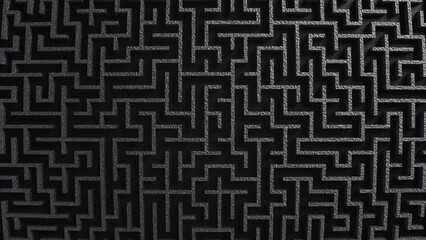 Wide angle camera realistic 3D illustration of the dark granite stone maze or labyrinth rendered as background