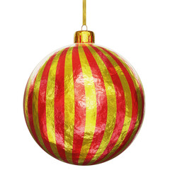 Realistic 3D illustration of the hanging textured golden striped Christmas bauble isolated on white
