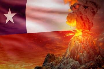 high volcano eruption at night with explosion on Chile flag background, problems of natural disaster and volcanic ash conceptual 3D illustration of nature