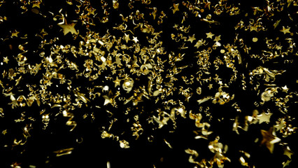 gold xmas holiday decoration props explosion on black, isolated - object 3D rendering