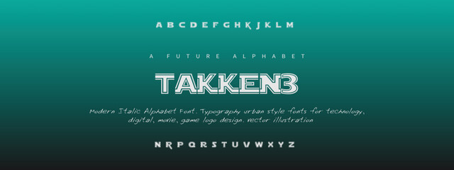 TAKEN3 Sports minimal tech font letter set. Luxury vector typeface for company. Modern gaming fonts logo design.