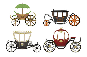 Set of colorful royal carriages in cartoon style. Vector illustration of chariots to transport kings, princesses or just order for weddings on white background.