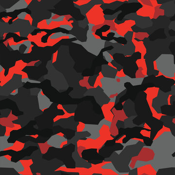 Seamless camouflage pattern modern. Military texture. Endless ornament, in dark and red spots.Print on fabric and textiles. Vector