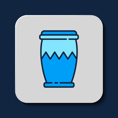 Filled outline Drum icon isolated on blue background. Music sign. Musical instrument symbol. Vector