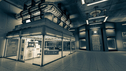 on the corner of the cloning place in the cyberpunk age background in cinematic view