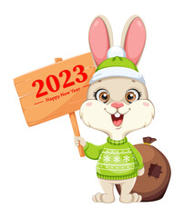 Funny bunny cartoon character. Merry Christmas and Happy New year of Rabbit. 