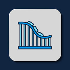 Filled outline Roller coaster icon isolated on blue background. Amusement park. Childrens entertainment playground, recreation park. Vector