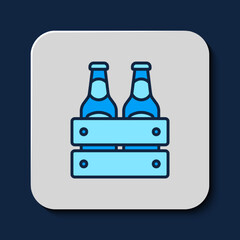 Filled outline Pack of beer bottles icon isolated on blue background. Wooden box and beer bottles. Case crate beer box sign. Vector