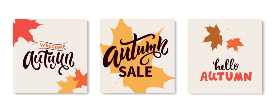 Autumn poster collection. Set of three cards with maple leaves and Autumn quotes. Vector illustration with handwritten text. Seasonal sale promo design template for advertisement, web, print, banner