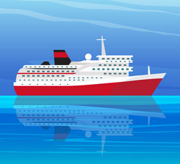 Large passenger ship sailing along seashore. Traveling on yachts by sea concept. Sailboat, modern vessel on open ocean. Cruise ship on water in sunny day. Beautiful scenery on ocean and ship