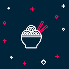 Line Asian noodles in bowl and chopsticks icon isolated on blue background. Street fast food. Korean, Japanese, Chinese food. Colorful outline concept. Vector