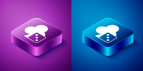 Isometric Game dice icon isolated on blue and purple background. Casino gambling. Square button. Vector