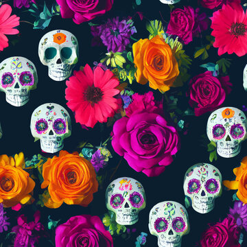 A repeatable, seamless pattern of Skulls, "Calavera de azucar" and roses. Can be used for wallpapers, cards, backgrounds etc.