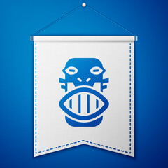 Blue Mexican mayan or aztec mask icon isolated on blue background. White pennant template. Vector