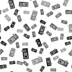 Black Digital door lock with wireless technology for unlock icon isolated seamless pattern on white background. Door handle sign. Security smart home. Vector