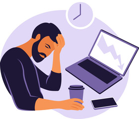 Professional burnout syndrome. Illustration tired office worker sitting at the table. Frustrated worker, mental health problems. 