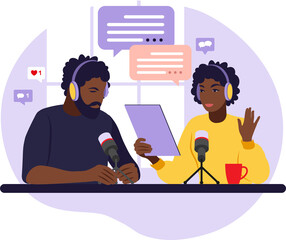 African people recording podcast in studio. Radio host with table.