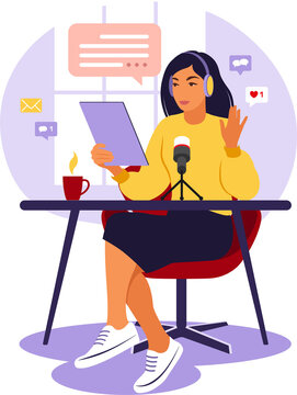 recommend clip art: Female podcaster talking to microphone recording podcast in studio. Radio host with table.