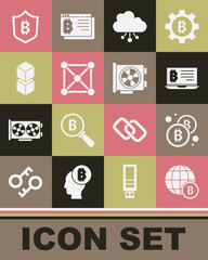 Set Globe Bitcoin, Mining bitcoin from laptop, Cryptocurrency cloud mining, Blockchain technology, Shield with and Video graphic card icon. Vector
